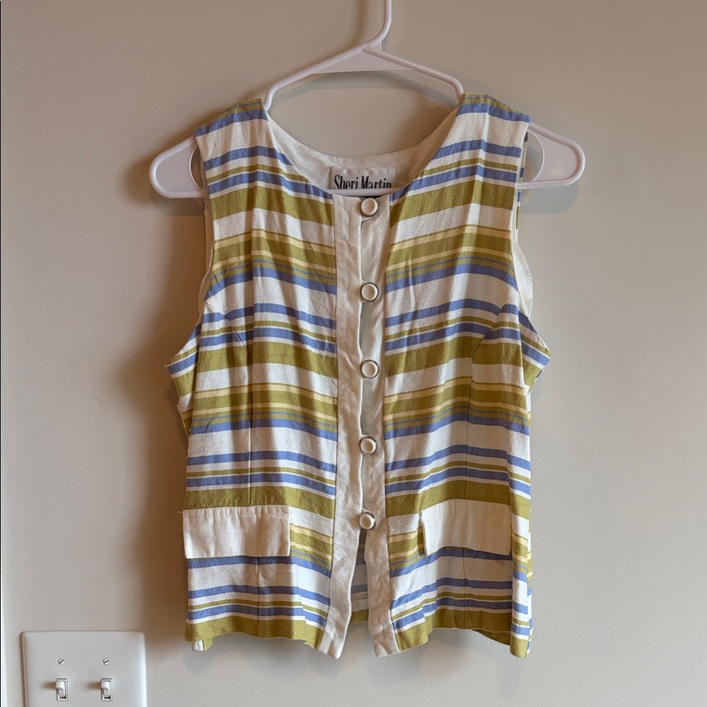 Striped Button Front Sleeveless Top - Yellow, Blue, White